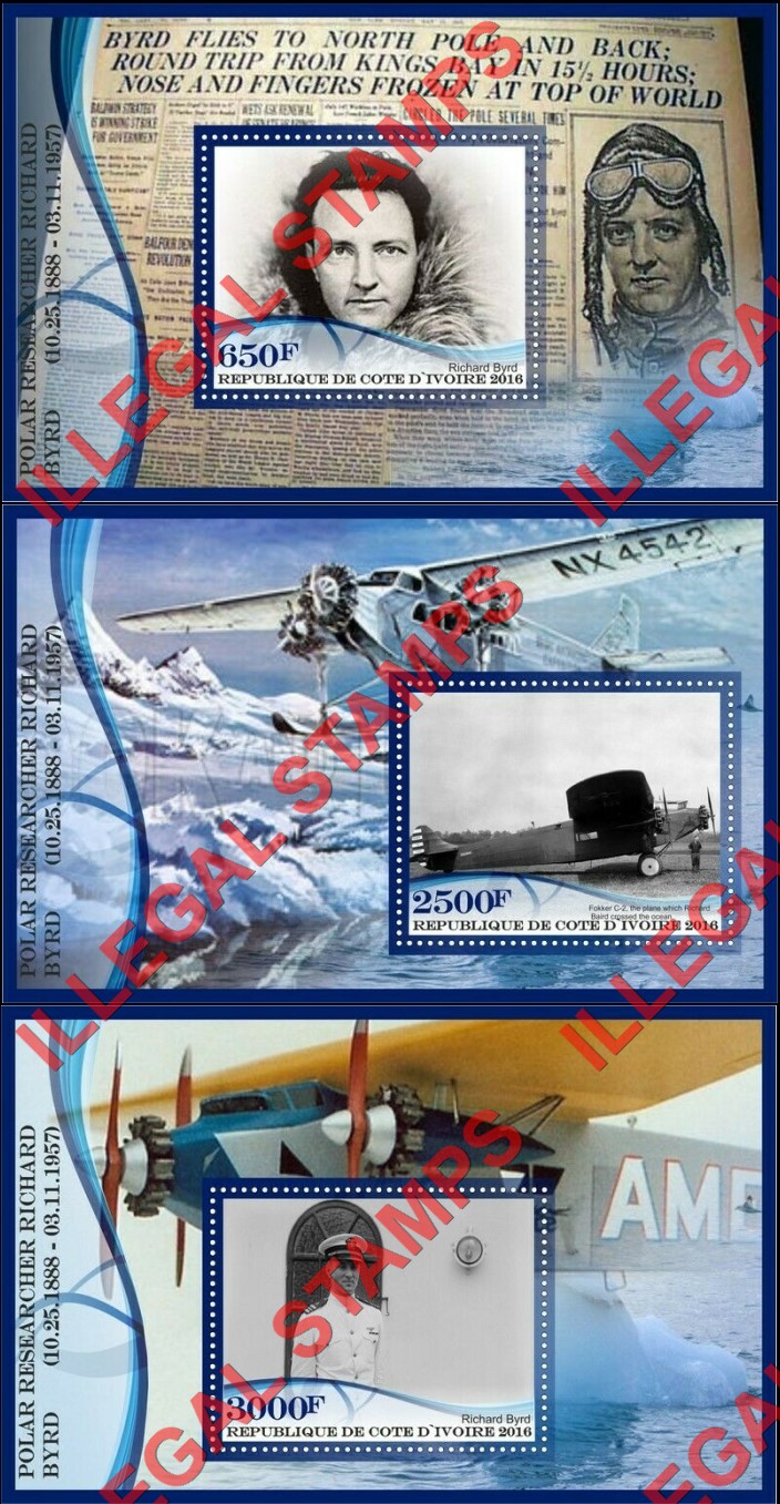 Ivory Coast 2016 Richard Byrd Illegal Stamp Souvenir Sheets of 1 (Part 2) Ivory Coast 2016 Richard Byrd Illegal Stamp Souvenir Sheets of 1 (Part 2)