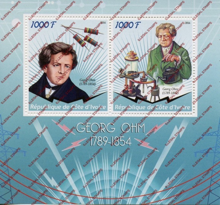Ivory Coast 2016 Science George Ohm Illegal Stamp Souvenir Sheet of 2 Ivory Coast 2016 Science George Ohm Illegal Stamp Souvenir Sheet of 2