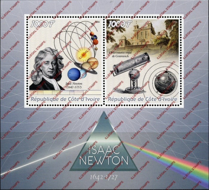 Ivory Coast 2016 Science Isaac Newton Illegal Stamp Souvenir Sheet of 2 Ivory Coast 2016 Science Isaac Newton Illegal Stamp Souvenir Sheet of 2
