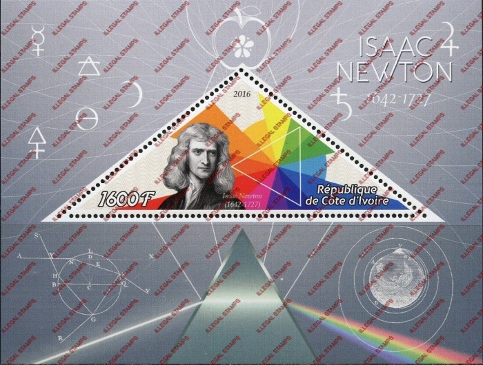 Ivory Coast 2016 Science Isaac Newton Illegal Stamp Souvenir Sheet of 1 Ivory Coast 2016 Science Isaac Newton Illegal Stamp Souvenir Sheet of 1