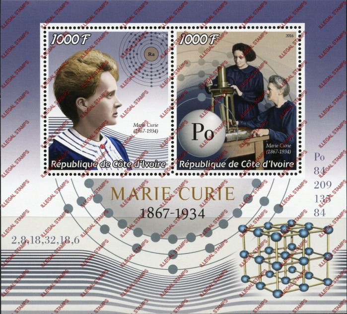 Ivory Coast 2016 Science Marie Curie Illegal Stamp Souvenir Sheet of 2 Ivory Coast 2016 Science Marie Curie Illegal Stamp Souvenir Sheet of 2