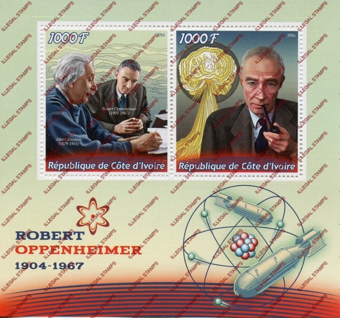 Ivory Coast 2016 Science Robert Oppenheimer Illegal Stamp Souvenir Sheet of 2 Ivory Coast 2016 Science Robert Oppenheimer Illegal Stamp Souvenir Sheet of 2