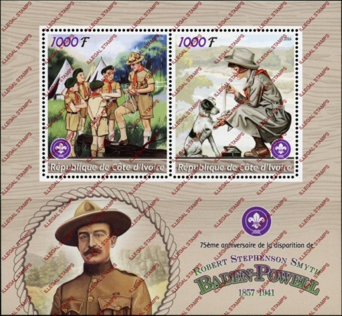 Ivory Coast 2016 Scouts Baden Powell Illegal Stamp Souvenir Sheet of 2 Ivory Coast 2016 Scouts Baden Powell Illegal Stamp Souvenir Sheet of 2