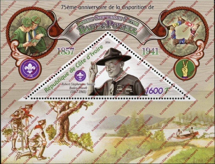 Ivory Coast 2016 Scouts Baden Powell Illegal Stamp Souvenir Sheet of 1 Ivory Coast 2016 Scouts Baden Powell Illegal Stamp Souvenir Sheet of 1