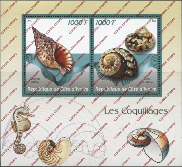 Ivory Coast 2016 Sea Shells Illegal Stamp Souvenir Sheet of 2 Ivory Coast 2016 Sea Shells Illegal Stamp Souvenir Sheet of 2