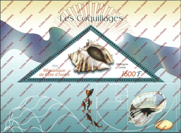 Ivory Coast 2016 Sea Shells Illegal Stamp Souvenir Sheet of 1 Ivory Coast 2016 Sea Shells Illegal Stamp Souvenir Sheet of 1
