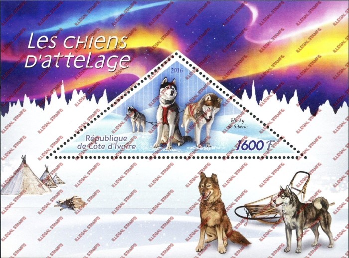 Ivory Coast 2016 Sled Dogs Illegal Stamp Souvenir Sheet of 1 Ivory Coast 2016 Sled Dogs Illegal Stamp Souvenir Sheet of 1