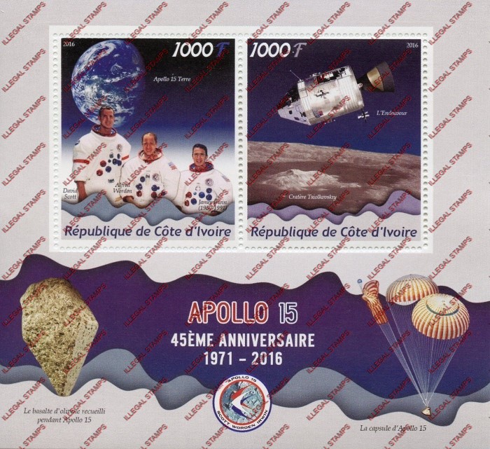 Ivory Coast 2016 Space Apollo 15 Illegal Stamp Souvenir Sheet of 2 Ivory Coast 2016 Space Apollo 15 Illegal Stamp Souvenir Sheet of 2
