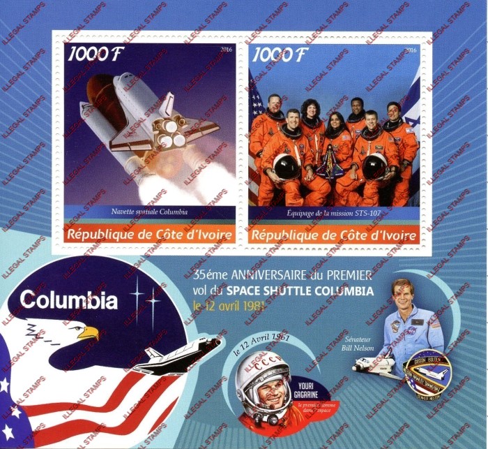 Ivory Coast 2016 Space Shuttle Columbia Illegal Stamp Souvenir Sheet of 2 Ivory Coast 2016 Space Shuttle Columbia Illegal Stamp Souvenir Sheet of 2