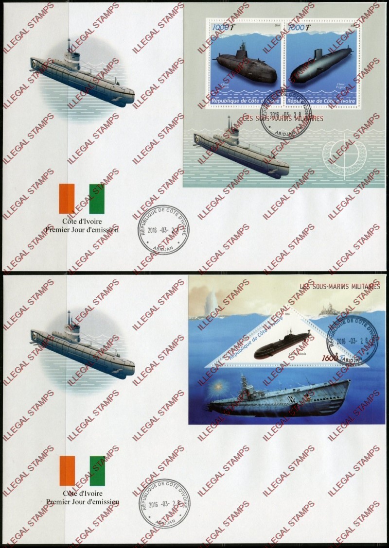 Ivory Coast 2016 Submarines Illegal Stamp Souvenir Sheets on Fake First Day Covers Ivory Coast 2016 Submarines Illegal Stamp Souvenir Sheets on Fake First Day Covers