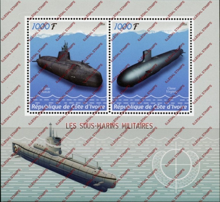 Ivory Coast 2016 Submarines Illegal Stamp Souvenir Sheet of 2 Ivory Coast 2016 Submarines Illegal Stamp Souvenir Sheet of 2