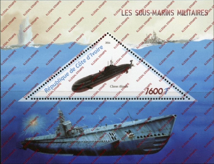 Ivory Coast 2016 Submarines Illegal Stamp Souvenir Sheet of 1 Ivory Coast 2016 Submarines Illegal Stamp Souvenir Sheet of 1