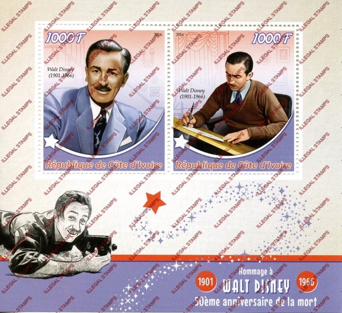 Ivory Coast 2016 Walt Disney Illegal Stamp Souvenir Sheet of 2 Ivory Coast 2016 Walt Disney Illegal Stamp Souvenir Sheet of 2