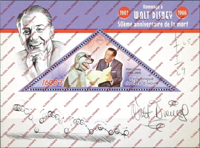 Ivory Coast 2016 Walt Disney Illegal Stamp Souvenir Sheet of 1 Ivory Coast 2016 Walt Disney Illegal Stamp Souvenir Sheet of 1