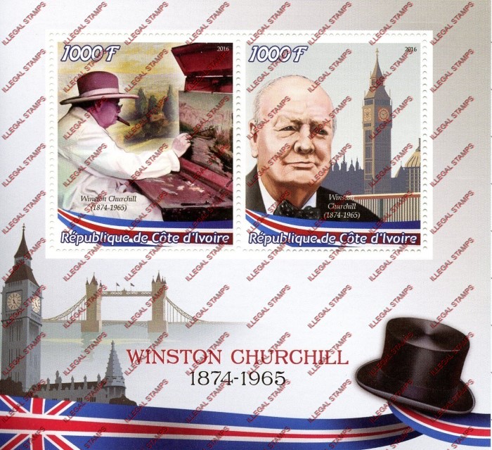 Ivory Coast 2016 Winston Churchill Illegal Stamp Souvenir Sheet of 2 Ivory Coast 2016 Winston Churchill Illegal Stamp Souvenir Sheet of 2