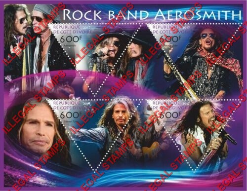 Ivory Coast 2017 Aerosmith Rock Band Steven Tyler Illegal Stamp Souvenir Sheet of 4 Ivory Coast 2017 Aerosmith Rock Band Steven Tyler Illegal Stamp Souvenir Sheet of 4