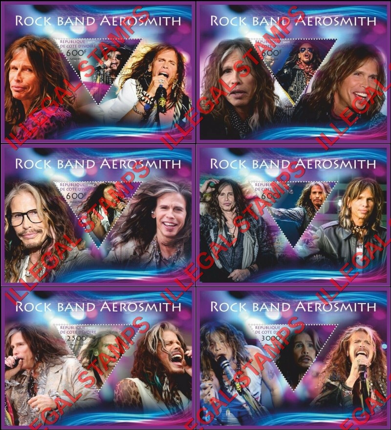 Ivory Coast 2017 Aerosmith Rock Band Steven Tyler Illegal Stamp Souvenir Sheets of 1 Ivory Coast 2017 Aerosmith Rock Band Steven Tyler Illegal Stamp Souvenir Sheets of 1