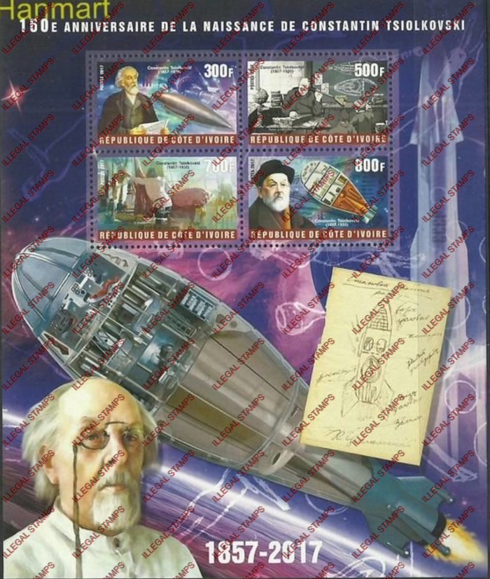 Ivory Coast 2017 Anniversaries Birth of Constantin Tsiolkovski Illegal Stamp Souvenir Sheet of 4 Ivory Coast 2017 Anniversaries Birth of Constantin Tsiolkovski Illegal Stamp Souvenir Sheet of 4