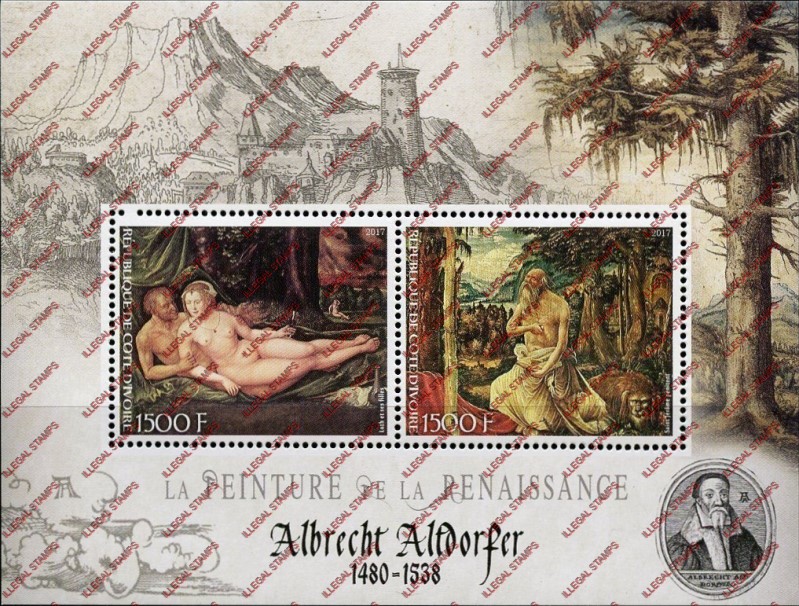 Ivory Coast 2017 Art Paintings Albrecht Altdorfer Illegal Stamp Souvenir Sheet of 2 Ivory Coast 2017 Art Paintings Albrecht Altdorfer Illegal Stamp Souvenir Sheet of 2