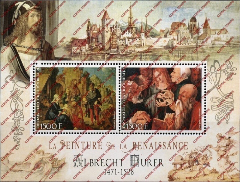 Ivory Coast 2017 Art Paintings Albrecht Durer Illegal Stamp Souvenir Sheet of 2 Ivory Coast 2017 Art Paintings Albrecht Durer Illegal Stamp Souvenir Sheet of 2