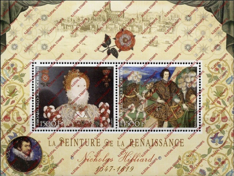 Ivory Coast 2017 Art Paintings Nicholas Hilliard Illegal Stamp Souvenir Sheet of 2 Ivory Coast 2017 Art Paintings Nicholas Hilliard Illegal Stamp Souvenir Sheet of 2
