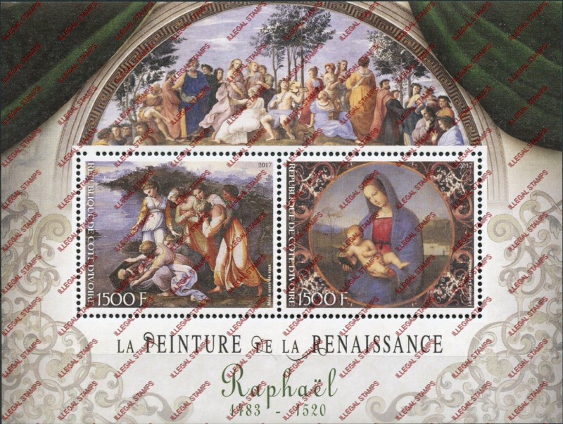 Ivory Coast 2017 Art Paintings Raphael Illegal Stamp Souvenir Sheet of 2 Ivory Coast 2017 Art Paintings Raphael Illegal Stamp Souvenir Sheet of 2