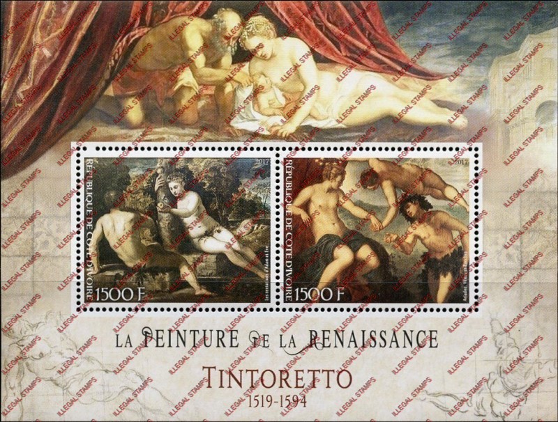 Ivory Coast 2017 Art Paintings Tintoretto Illegal Stamp Souvenir Sheet of 2 Ivory Coast 2017 Art Paintings Tintoretto Illegal Stamp Souvenir Sheet of 2