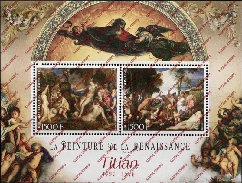 Ivory Coast 2017 Art Paintings Titian Illegal Stamp Souvenir Sheet of 2 Ivory Coast 2017 Art Paintings Titian Illegal Stamp Souvenir Sheet of 2