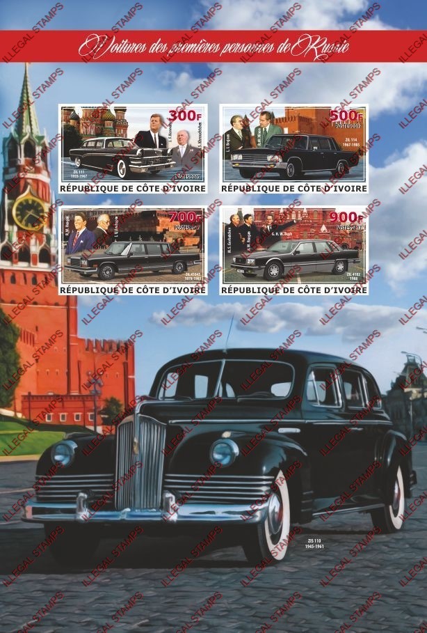 Ivory Coast 2017 Cars and Famous Personalities in Russia Illegal Stamp Souvenir Sheet of 4 Ivory Coast 2017 Cars and Famous Personalities in Russia Illegal Stamp Souvenir Sheet of 4