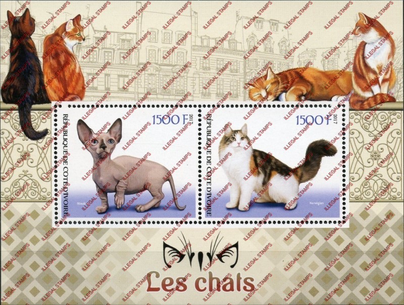 Ivory Coast 2017 Cats Illegal Stamp Souvenir Sheet of 2 Ivory Coast 2017 Cats Illegal Stamp Souvenir Sheet of 2