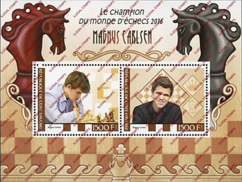 Ivory Coast 2017 Chess Magnus Carlsen Illegal Stamp Souvenir Sheet of 2 Ivory Coast 2017 Chess Magnus Carlsen Illegal Stamp Souvenir Sheet of 2