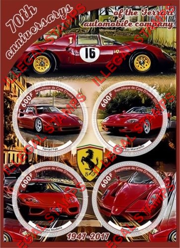 Ivory Coast 2017 Ferrari Illegal Stamp Souvenir Sheet of 4 Ivory Coast 2017 Ferrari Illegal Stamp Souvenir Sheet of 4