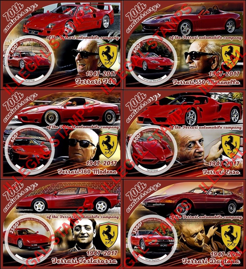 Ivory Coast 2017 Ferrari Illegal Stamp Souvenir Sheets of 1 Ivory Coast 2017 Ferrari Illegal Stamp Souvenir Sheets of 1