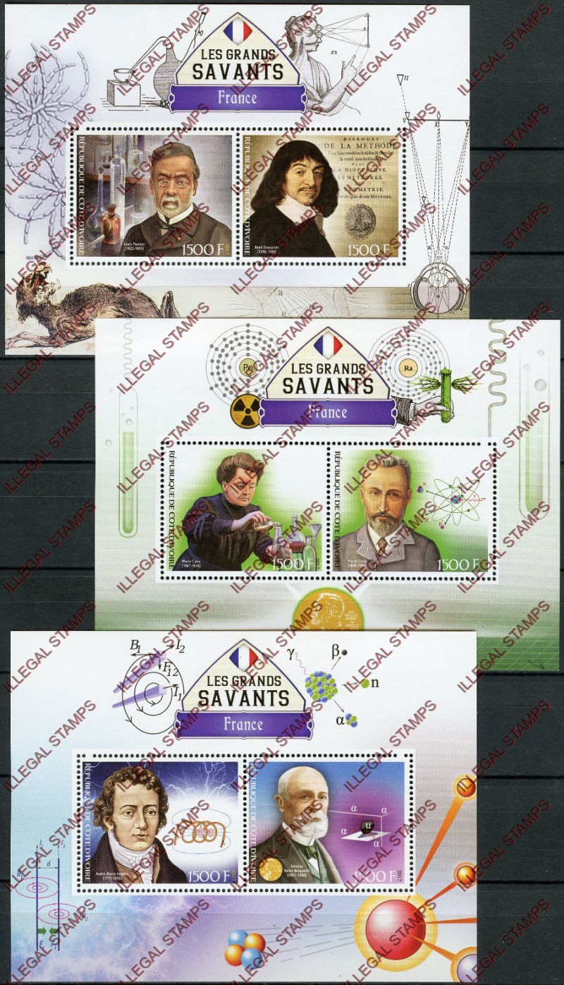 Ivory Coast 2017 Great French Scientists Illegal Stamp Souvenir Sheets of 2 Ivory Coast 2017 Great French Scientists Illegal Stamp Souvenir Sheets of 2