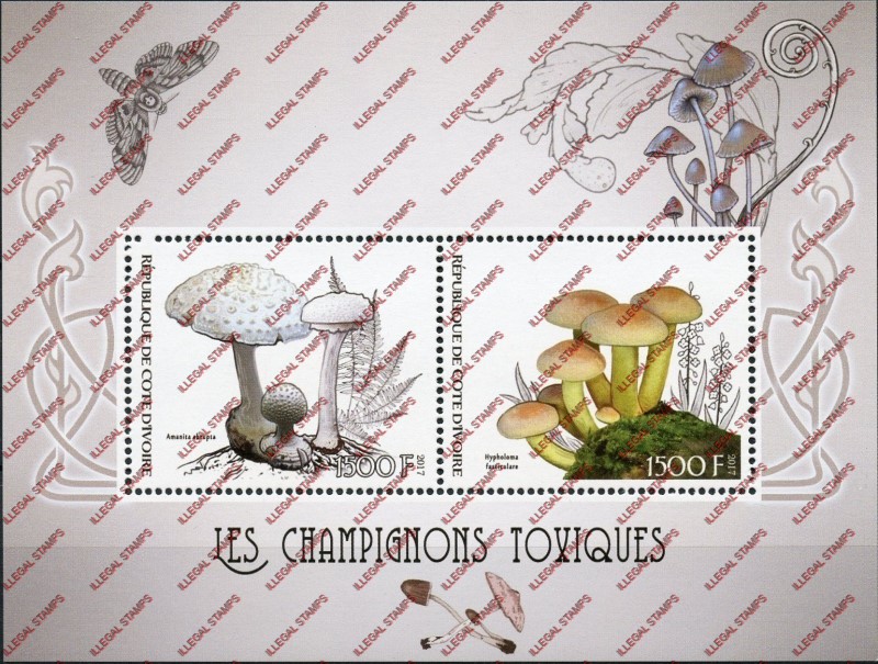 Ivory Coast 2017 Mushrooms Toxic Illegal Stamp Souvenir Sheet of 2 Ivory Coast 2017 Mushrooms Toxic Illegal Stamp Souvenir Sheet of 2