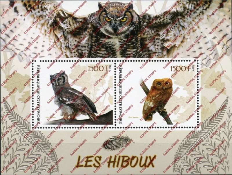 Ivory Coast 2017 Owls Illegal Stamp Souvenir Sheet of 2 Ivory Coast 2017 Owls Illegal Stamp Souvenir Sheet of 2