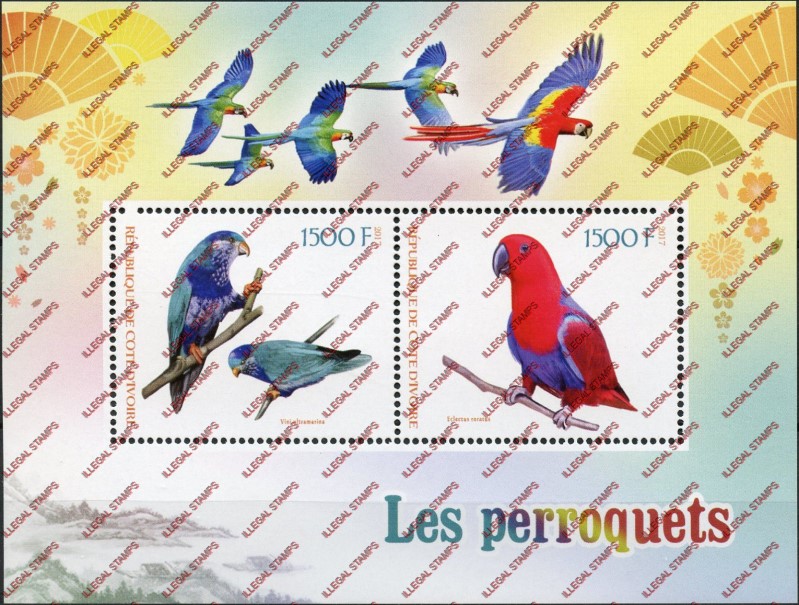 Ivory Coast 2017 Parrots Illegal Stamp Souvenir Sheet of 2 Ivory Coast 2017 Parrots Illegal Stamp Souvenir Sheet of 2