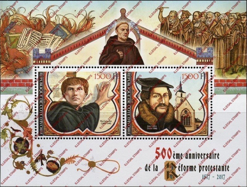 Ivory Coast 2017 Protestant Reformation Illegal Stamp Souvenir Sheet of 2 Ivory Coast 2017 Protestant Reformation Illegal Stamp Souvenir Sheet of 2