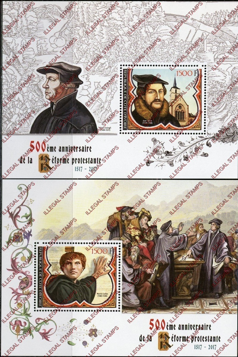 Ivory Coast 2017 Protestant Reformation Illegal Stamp Souvenir Sheets of 1 Ivory Coast 2017 Protestant Reformation Illegal Stamp Souvenir Sheets of 1