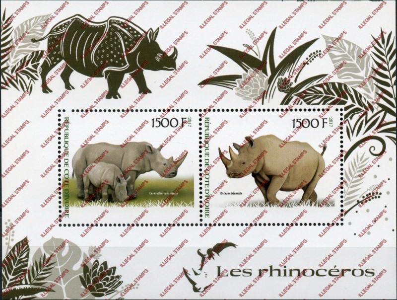 Ivory Coast 2017 Rhinos Illegal Stamp Souvenir Sheet of 2 Ivory Coast 2017 Rhinos Illegal Stamp Souvenir Sheet of 2