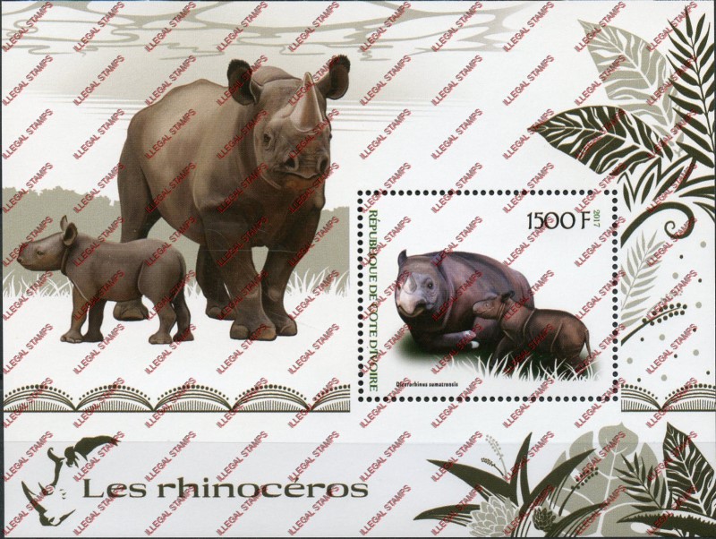 Ivory Coast 2017 Rhinos Illegal Stamp Souvenir Sheet of 1 Ivory Coast 2017 Rhinos Illegal Stamp Souvenir Sheet of 1