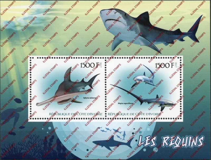 Ivory Coast 2017 Sharks Illegal Stamp Souvenir Sheet of 2 Ivory Coast 2017 Sharks Illegal Stamp Souvenir Sheet of 2