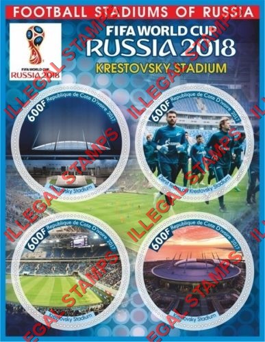 Ivory Coast 2017 World Cup Soccer (Football) Stadiums (Different) Illegal Stamp Souvenir Sheet of 4 Ivory Coast 2017 World Cup Soccer (Football) Stadiums (Different) Illegal Stamp Souvenir Sheet of 4