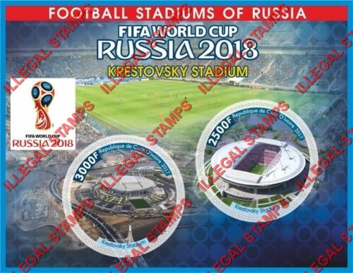 Ivory Coast 2017 World Cup Soccer (Football) Stadiums (Different) Illegal Stamp Souvenir Sheet of 2 Ivory Coast 2017 World Cup Soccer (Football) Stadiums (Different) Illegal Stamp Souvenir Sheet of 2