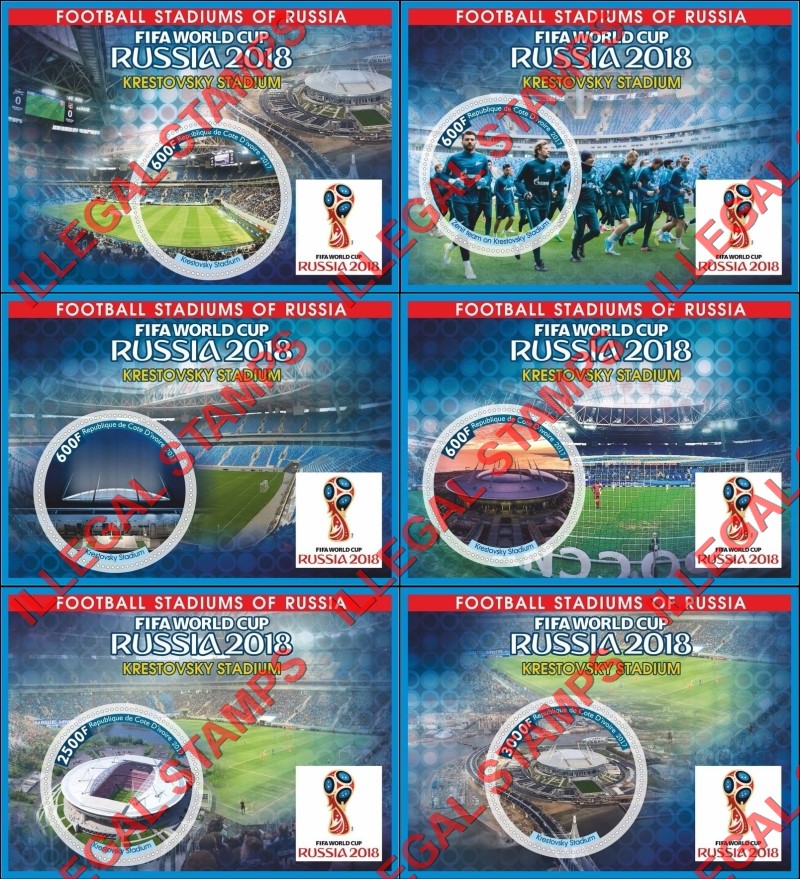 Ivory Coast 2017 World Cup Soccer (Football) Stadiums (Different) Illegal Stamp Souvenir Sheets of 1 Ivory Coast 2017 World Cup Soccer (Football) Stadiums (Different) Illegal Stamp Souvenir Sheets of 1