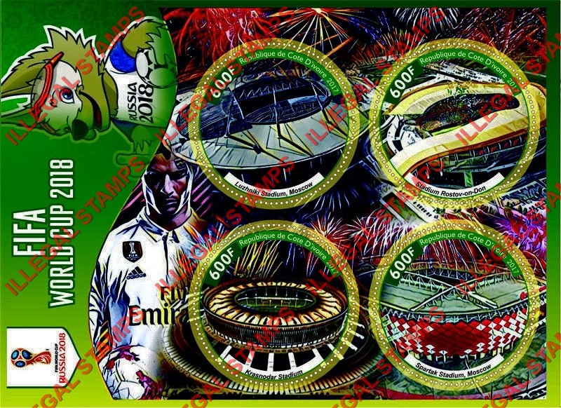 Ivory Coast 2017 World Cup Soccer (Football) Stadiums Illegal Stamp Souvenir Sheet of 4 Ivory Coast 2017 World Cup Soccer (Football) Stadiums Illegal Stamp Souvenir Sheet of 4