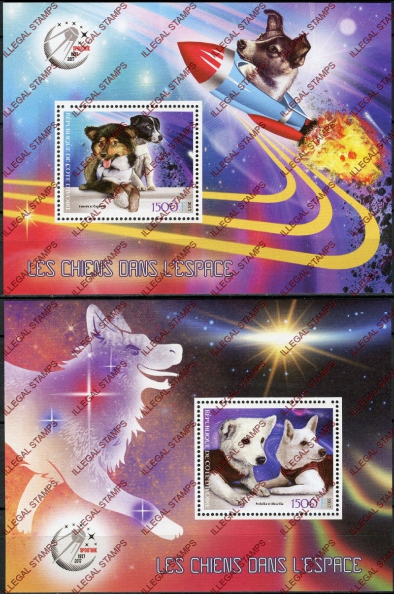 Ivory Coast 2017 Space Dogs Illegal Stamp Souvenir Sheets of 1 Ivory Coast 2017 Space Dogs Illegal Stamp Souvenir Sheets of 1