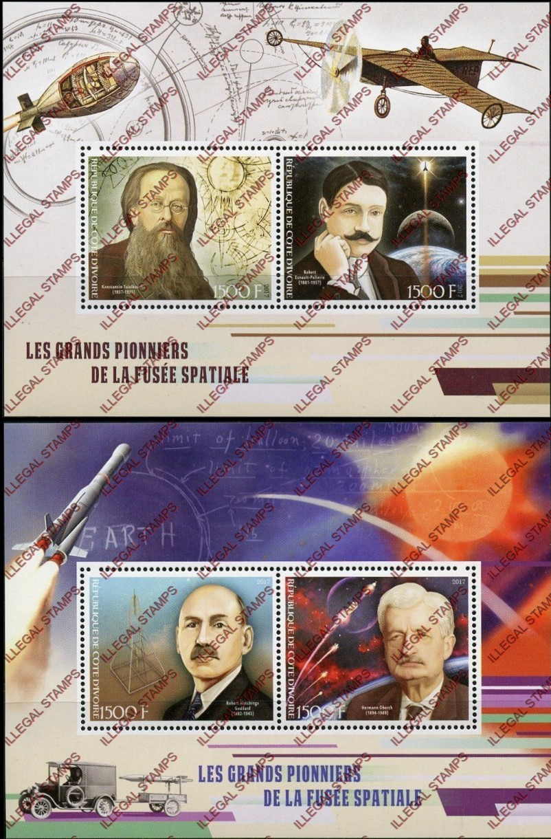 Ivory Coast 2017 Space Pioneers Illegal Stamp Souvenir Sheets of 2 Ivory Coast 2017 Space Pioneers Illegal Stamp Souvenir Sheets of 2