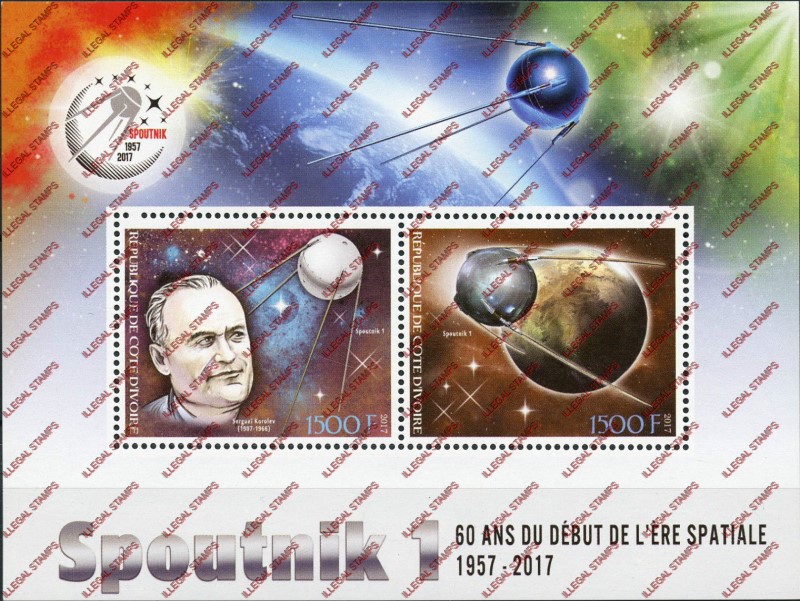 Ivory Coast 2017 Space Sputnik 1 Illegal Stamp Souvenir Sheet of 2 Ivory Coast 2017 Space Sputnik 1 Illegal Stamp Souvenir Sheet of 2