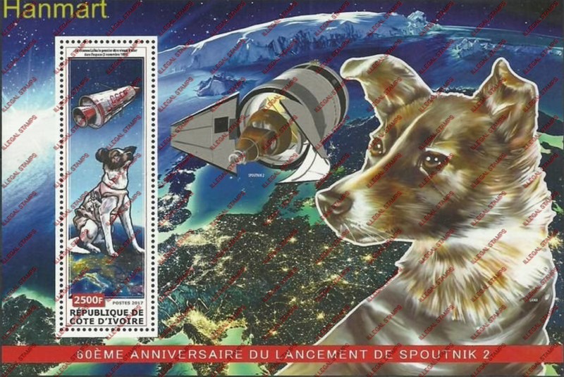 Ivory Coast 2017 Space Sputnik 2 Russia Illegal Stamp Souvenir Sheet of 1 Ivory Coast 2017 Space Sputnik 2 Russia Illegal Stamp Souvenir Sheet of 1